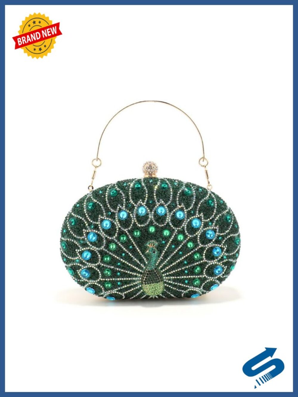 Rhinestone Evening Clutch Hard Case with Metal Handle and Chain Strap
